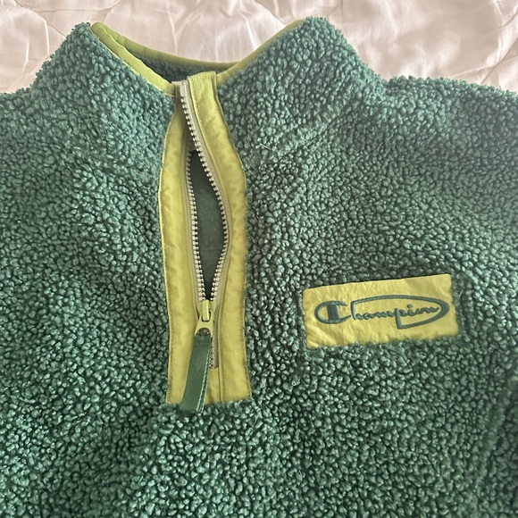 champion green fleece sherpa cropped half zip pullover sweater - Picture 3 of 7